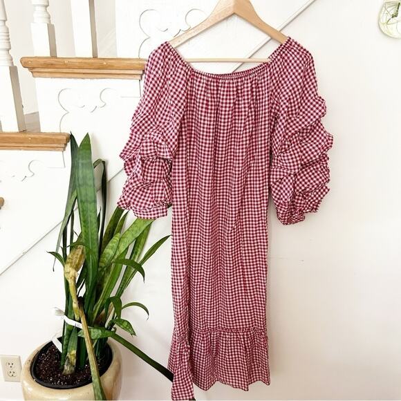 Zara Off the Shoulder Gingham Dress Red White Tiered Ruffle Sleeve Size M - Picture 6 of 10
